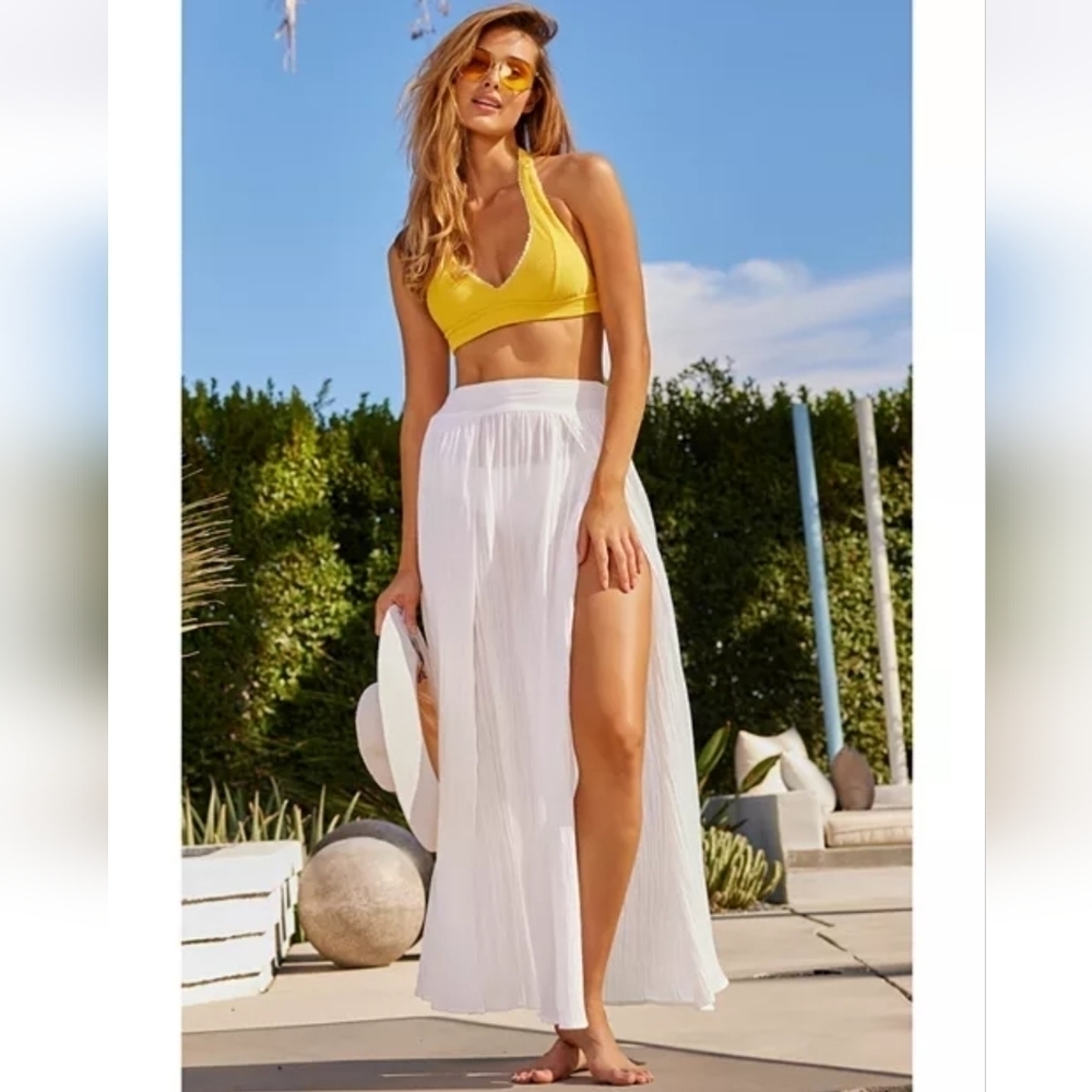 NWT Becca by Rebecca Virtue Cotton Gauzy Slit Cover-Up Skirt in White